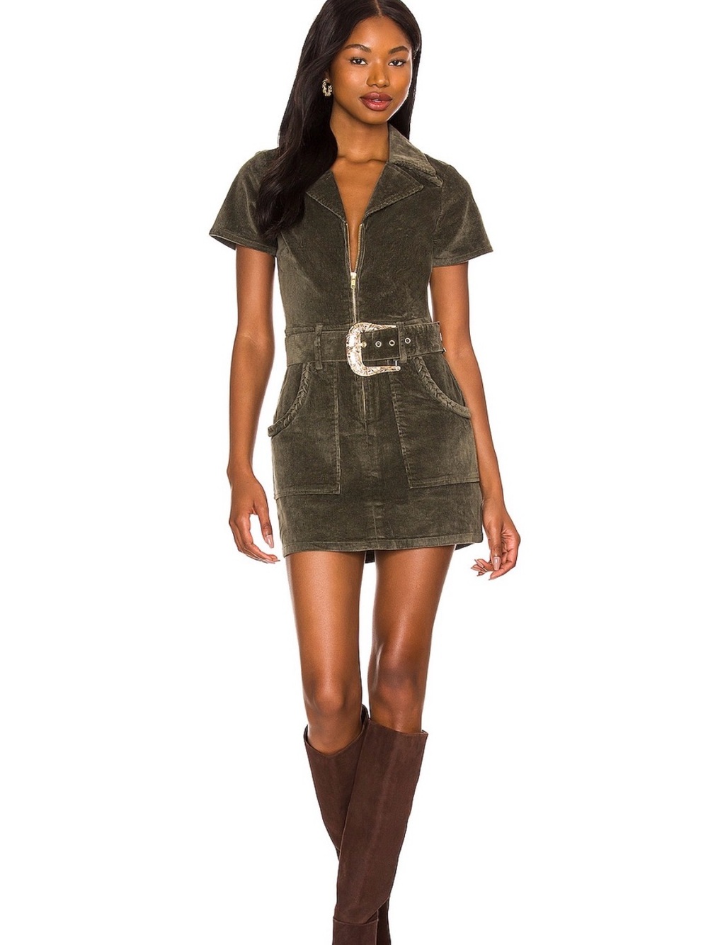 Show Me Your MuMu Olive Zip-Front Mini Dress with Statement Belt